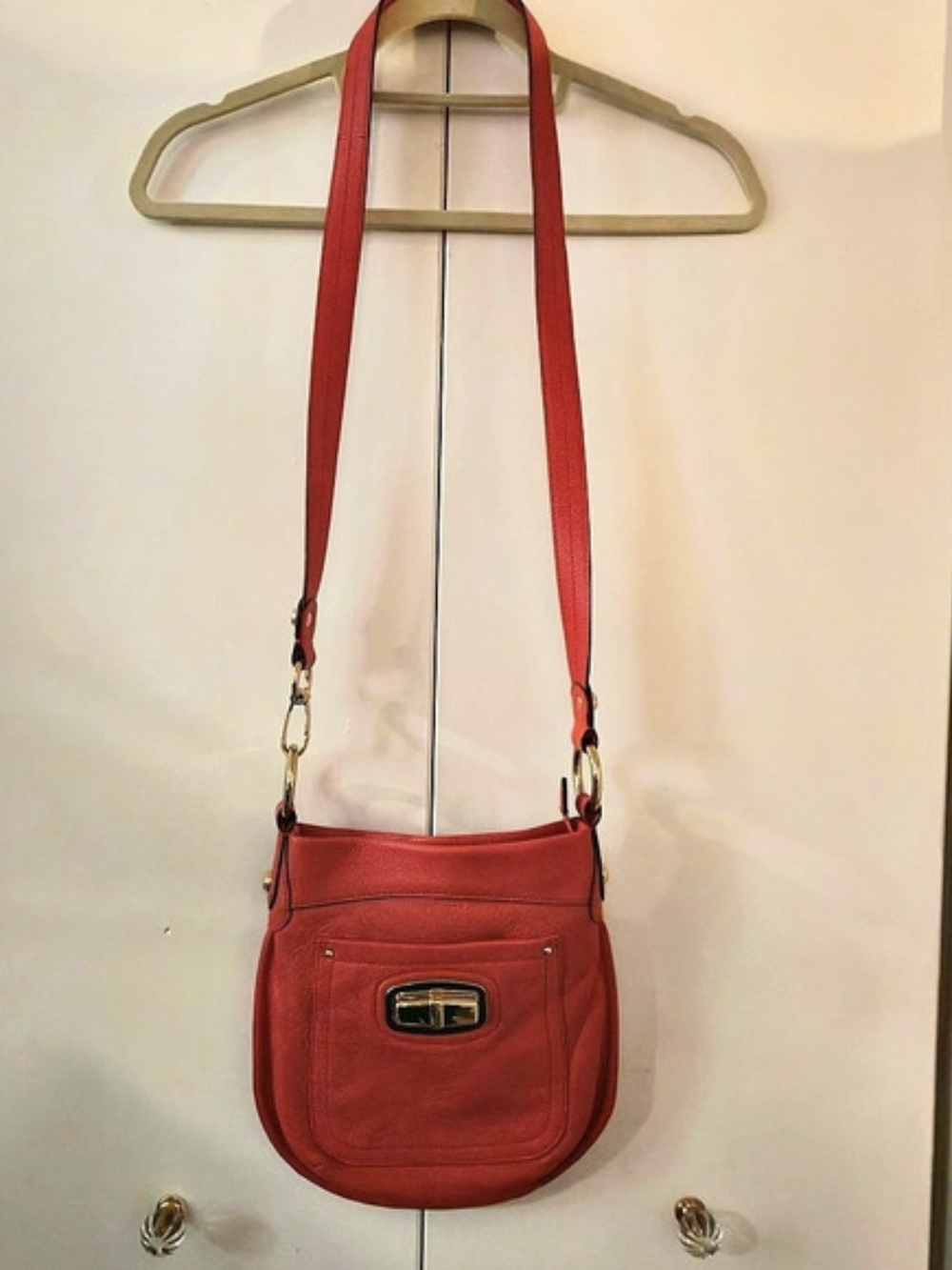 B. Makowsky Coral Red Pebbled Leather Crossbody Bag